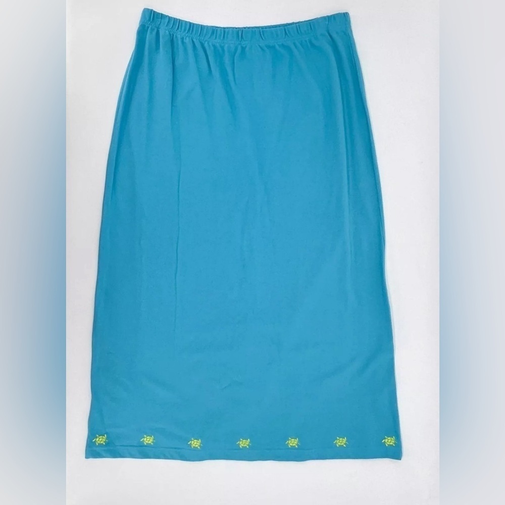 The Quacker Factory Skirt 2X Blue Green Turtle Maxi A-Line Elastic Slit - Picture 1 of 5